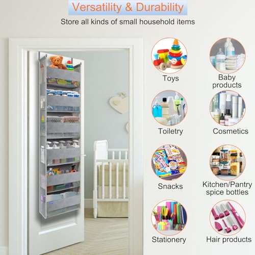 Extra Large Over The Door Organizer Storage 6-Shelves and 12 Side Pockets, Heavy Duty Hanging Door Organizer for Closet Bathroom Bedroom Nursery Pantry, Grey - color: Grey, size: Large 6-Shelf Over Door Organizer