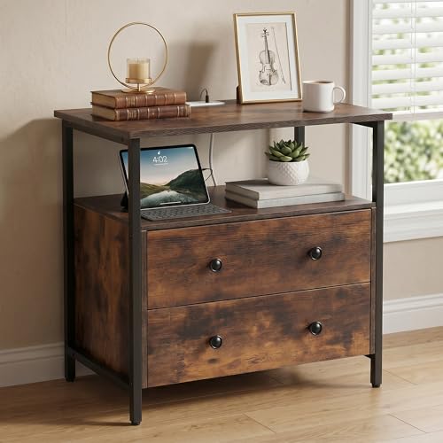 Edbuosy 27 inch Wide Night Stand with Charging Station, Bedside Table with Open Shelf, 2 Drawers Small Wood Dresser, Modern Wood Nightstand for Bedroom/Living Room (Rustic Brown) - color: Retro Brown, size: 2 Drawers