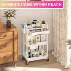 Goovilla 3 Tier Rolling Utility Cart Organizer with Removable Drawer, Stable and Sturdy White Rolling Storage Carts with 2 Lockable Wheels for Bathroom, Kitchen, Snack, Craft, Makeup, Baby Essentials - size: 3 Tier, style: White