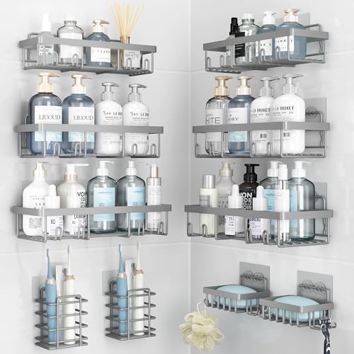 Liuoud 10 Pack Shower Caddy Organizer Rack Shelf for Inside Shower, Self Adhesive Wall Storage Basket Rustproof Stainless Steel Shampoo Holder Bathroom Accessory Decor Set, Grey - color: Grey