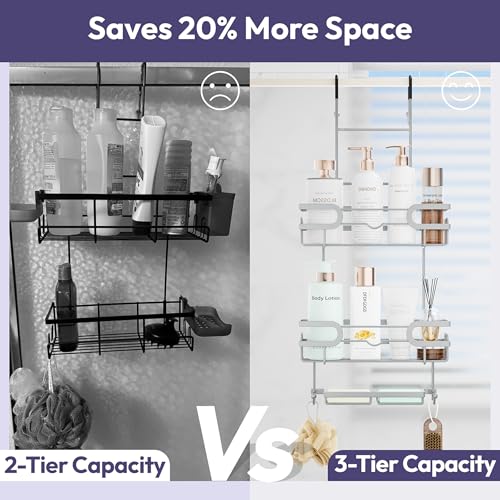SWTYMIKI Over the Door Shower Caddy Hanging with Double Soap Holder, Hanging Shower Organizer with 16 Hooks, No Drilling Shower Shelves Over Door, Bathroom Rack and Storage, Silver - color: Silver