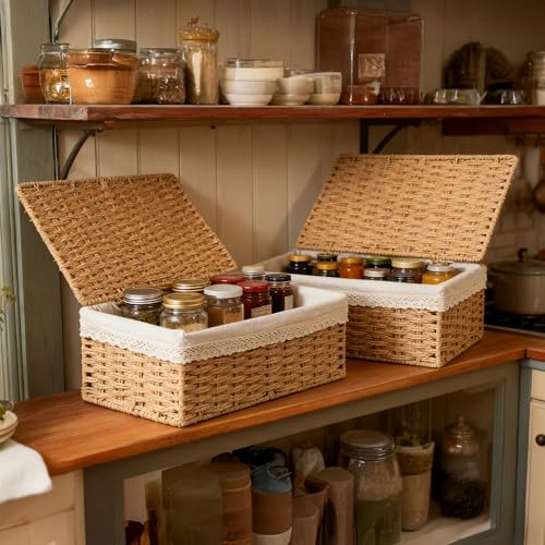 Nonam Large Basket with Lid set of 3, Rattan Divided Baskets Organizer for Shelf, Natural Wicker Storage Basket Bins for Closet, Boho Shelf Decor Covered Basket Home Storage Container - color: Divided Paper* Set of 3