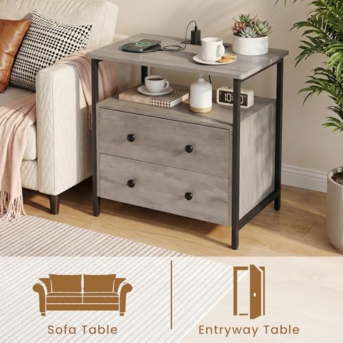 Edbuosy 27 inch Wide Night Stand Set 2 with Charging Station, Bedside Table with Open Shelf, 2 Drawers Small Wood Dresser, Modern Wood Nightstand for Bedroom/Living Room (Rustic Gray) - color: 2 Pack, Rustic Gray, size: 2 Drawers
