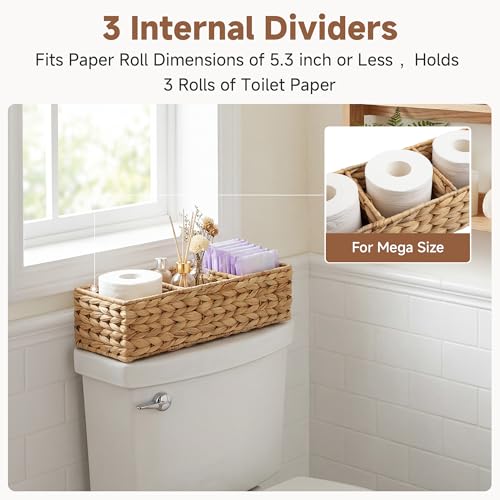 StorageWorks Toilet Paper Basket for Back of Toliet, Toilet Tank Basket with 3 Large Compartments, Water Hyacinth Toilet Paper Storage Baskets, 16½"x 5½"x 5½", 2-Pack - color: Natural(Water Hyacinth), size: 16½"L x 5½"W x 5½"H