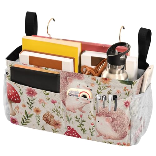 Bedside Caddy Metal Frame Hanging Organizer Bunk Bed Dorm Accessories Hook And Loop Storage Bag Large Pockets Cute Hedgehogs Mushroom Pink - color: Cute Hedgehogs Mushroom Pink