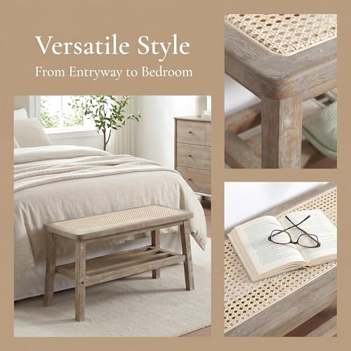ROCITY Rattan Entryway Bench Wood Bench with Shoe Rack 30 Inch Small Bench Seat Storage Indoor Distressed Wooden Dining Bench Farmhouse Vintage Rustic Accent Bench for Porch/Dining Room/Living Room - color: Wood