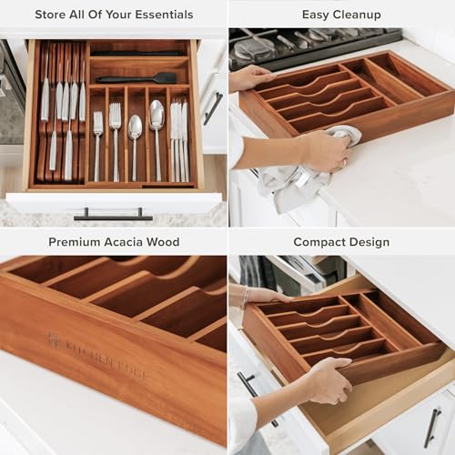 KitchenEdge Premium Silverware, Flatware and Utensil Organizer for Kitchen Drawers, Food-Safe Contract Grade, Expandable from 10.5 to 19 In, Natural Acacia - color: Natural Acacia, size: From 10.5" to 19" wide