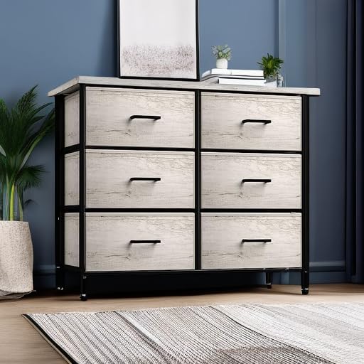 Sorbus Dresser with 6 Faux Wood Drawers - Chest Organizer Unit with Steel Frame Wood Top & Handle Easy Pull Fabric Bins for Clothes - Storage Furniture for Bedroom, Hallway, Living Room & Closet - color: Greige, style: 6 Drawer