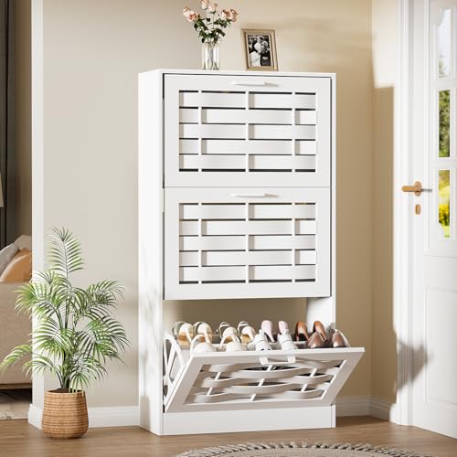 White Shoe Cabinet Storage with 3 Flip Drawers for Entryway, Slim Shoe Rack Cabinet with Woven Design Drawers, Narrow Shoe Organizer for Hallway, Apartment - color: White, size: 3 Drawers