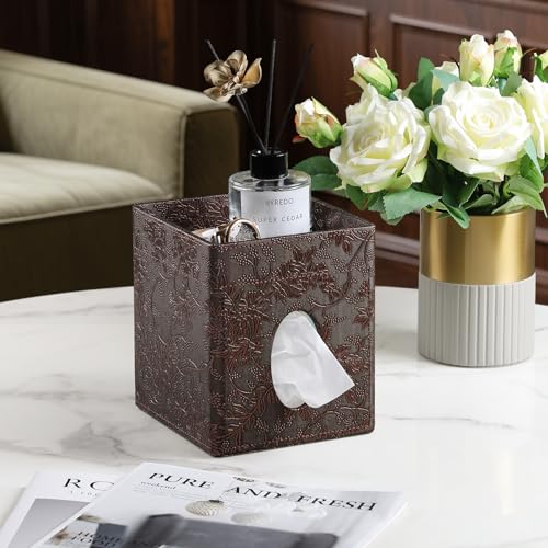 Square Tissue Box Cover, Stylish Leather Tissue Box Holder with Storage Tray, Decorative Tissue Rack Storage Box for Living Room, Bedroom, and Office Desk(Brown Grape Pattern) - color: Brown Grape Pattern