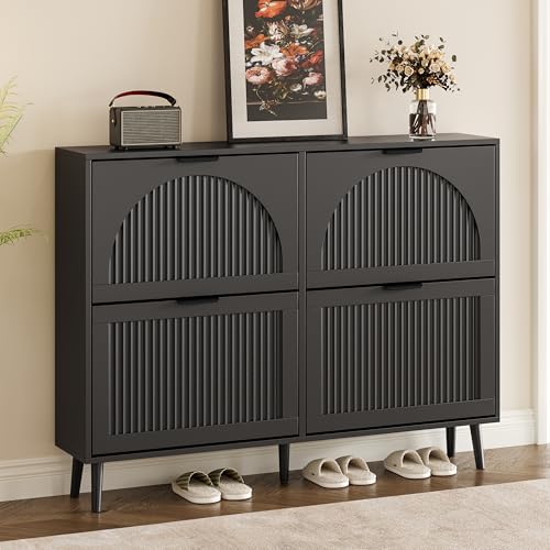 BORNOON Shoe Cabinet for Entryway with 4 Flip Drawers, Slim Wooden Shoe Storage Organizer with Modern Fluted Pannel，Freestanding Narrow Hidden Shoe Rack for Hallway, Foyer, Living Room - color: Black, size: 4 Flip Drawers