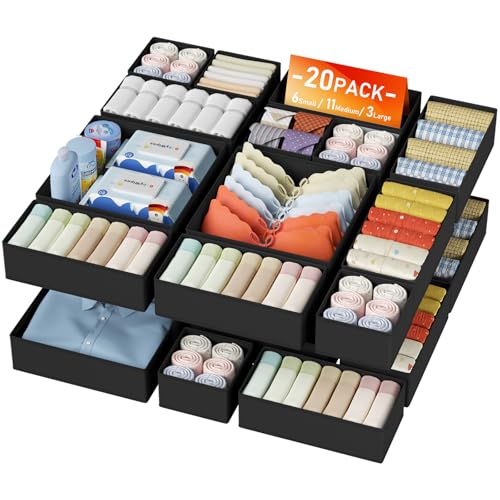 DIMJ Drawer Organizer Clothes - 20 Pack Closet Drawer Organizer Bins for Baby Clothes Storage, Fabric Dresser Organizer for Nursery Bedroom, Foldable Small Drawer Dividers for Underwear Socks - color: Black, size: 20 Pack