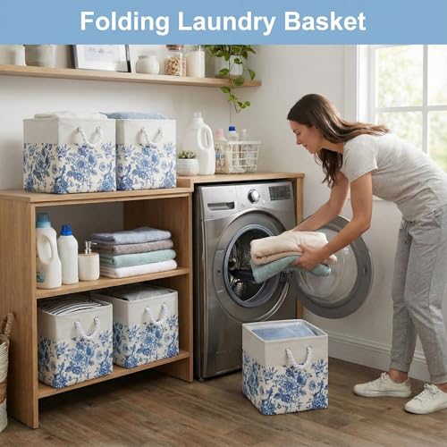 LemonRoad 6 Pcs Blue Floral Cube Storage Bins 11.22 Inch Square Storage Basket with Handle, Preppy Girls Organizer Basket, Collapsible Fabric Box for Classroom Bedrooms Office Home Decoration Giftad - color: Blue, size: 11.22 Inch, style: Floral