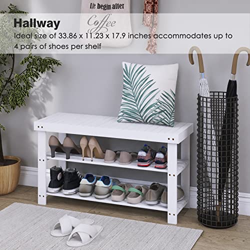 SMIBUY Bamboo Shoe Rack Bench, 3-Tier Shoe Organizer Storage Shelf for Entryway Hallway Bathroom Living Room (White) - color: White