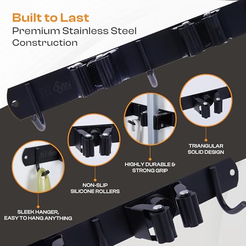 Heavy-Duty Stainless-Steel Broom Holder Wall Mount with 3 Racks and 4 Hooks | Waterproof Mop and Broom Hanger | Adjustable, Garage & Garden Tool Organizer | Black - size: 3 Racks & 4 Hooks
