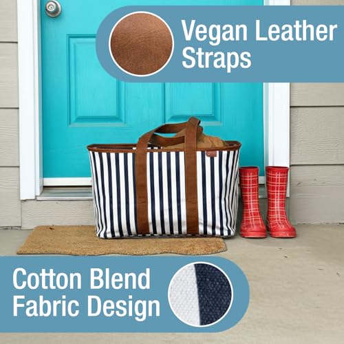 CleverMade Collapsible LUXE Tote - Reusable Grocery Shopping Storage Bag Organizer w/Handles Reinforced Bottom - color: Navy Stripe