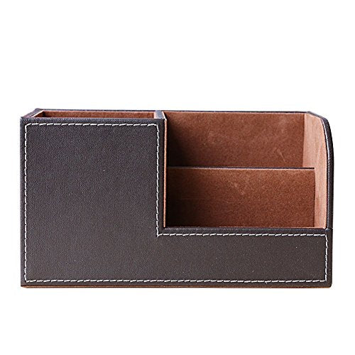 KINGFOM Desk Organizer Office Supplies Caddy Pu Leather Multi-function Storage Box Pen/Pencil,Cell phone, Business Name Cards Remote Control Holder Brown - color: S-Brown