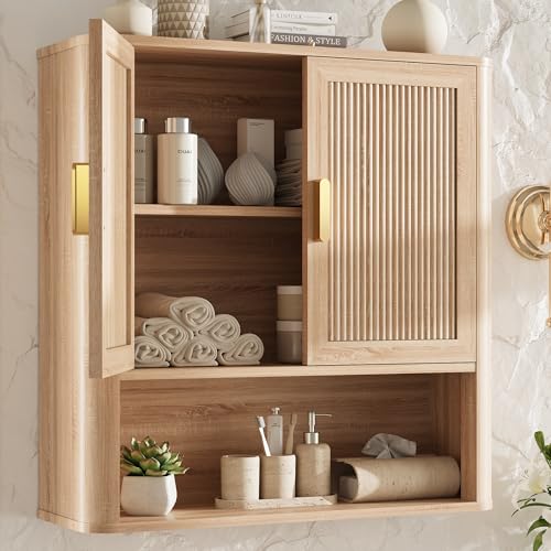 INNOD Bathroom Wall Storage Cabinet, Medicine Cabinet with Adjustable Wood Shelf & Doors, Over the Toilet Storage Cabinet for Laundry Room & Living Room Kitchen Storage Islands (Natural Oak) - color: Natural Oak