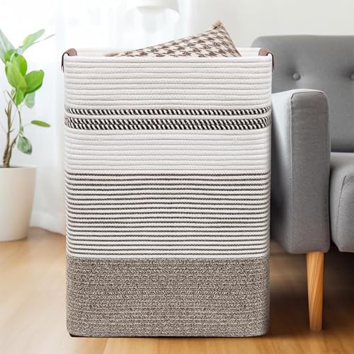 DOFASAYI Laundry Basket - 85L Large Cotton Rope Blanket Basket with Leather Handles, Decorative Storage Hamper, Clothes Hamper for Living Room, Bedroom, Rice Brown & White - color: Rice Brown & White, size: 85L