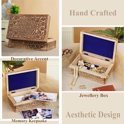 Ajuny Wooden Hand Carved Jewelry Box - Mango Wood Celtic Flower Carving Decorative Keepsake Box, Memory Box Organizer Travel Treasure Chest Trinket Holder Case Great Gifts 8x5 Inch - style: Celtic Flower