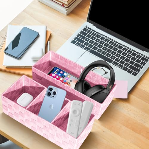 Drawer Organizer, Cube Baskets for Storage Shelves, Handmade Small Woven Basket, Shallow Storage Bins for Organizing Desk, Dresser, Kitchen, Pantry, Nested 7 Pack, Pink - color: Pink