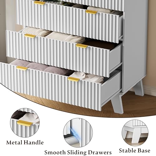 BORNOON 46" Tall Dresser for Bedroom, 6-Drawer Fluted Chest of Drawers, Modern Wood Highboy with Deep Storage, Metal Slides and Handles, Anti-Tip Kit, Vertical Clothes Organizer for Apartment, Nursery - color: Pure White, size: Tall 6-Drawer