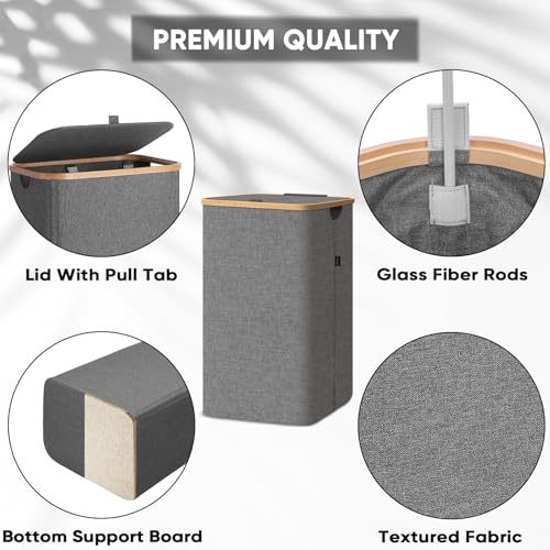BALEINE Laundry Hamper with Lid, Tall Laundry Baskets with Bamboo Pull Handles, Large Laundry Bin with Internal Support (18 Gal/70L, Grey) - color: Grey, size: 70 liters