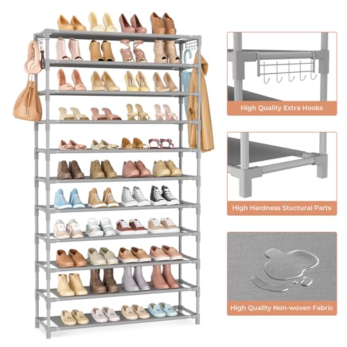VILICK 11 Tiers Tall Wide Shoe Rack 55 Pairs Large Capacity Sturdy Durable Shoe Rack for Closet Metal Shoe Organizer Shelf with Two Hooks Space Saving for Entryway Grey - color: Grey