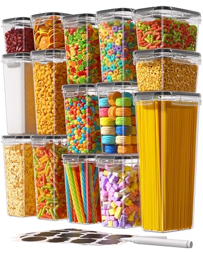 Airtight Food Storage Containers with Lids, 15 PCS Kitchen and Pantry Organization Canisters, BPA-Free, PVC-Free, Food-grade Plastic Leak-proof Jars for Cereal, Flour, Sugar, Extra 24 Labels & Marker - color: 15 Piece
