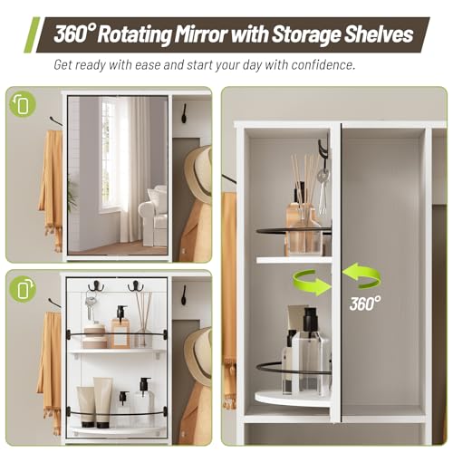 Hall Tree with Bench and Shoe Storage, 59.1" Farmhouse Entryway Bench with Coat Rack and Fabric Drawer, 11 Coat Hooks and 10 Shoe Cubbies, LED Lights, Rotating Mirror with Shelves, White