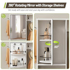 Hall Tree with Bench and Shoe Storage, 59.1" Farmhouse Entryway Bench with Coat Rack and Fabric Drawer, 11 Coat Hooks and 10 Shoe Cubbies, LED Lights, Rotating Mirror with Shelves, White