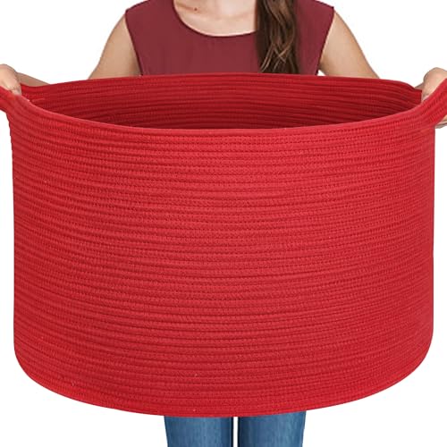 MEGASKET Extra Large Red Basket for Organizing, 22" X 22" X 14" Woven Cotton Rope Bins for Blankets, Baby Nursery Wicker Laundry Basket, Kids Dog Toy Storage Box, Big Red Living Room Decor Organizer - color: Red, size: 22"x22"x14"