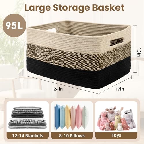 Optish 95L Large Blanket Basket, Woven Storage Baskets with Reinforced Handles, Rope Laundry Basket for Living Room, Bedroom, Nursery, Toys, Clothes,Pillows, 24” x 17” x 13.5”, Black & Brown - color: Black & Brown, size: 24" x 17" x 13.5"(95L)