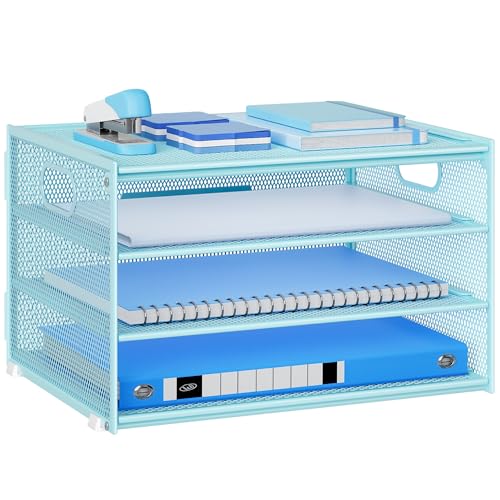 Lavatino 3-Tier Letter Tray Desk Organizer, Mesh Metal Paper File Tray Organizer for Desk, Office Supplies & Home Organization, Fits A4 Paper, Mail, Magazines & Office Accessories (Blue with Handle) - color: 4-tier With Handle - Blue