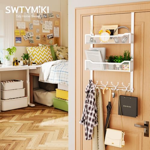 SWTYMIKI Over The Door Hook with 16 Hooks & 2 Mesh Baskets - Heavy Duty Over The Door Organizer Hanger for Towels, Coats, Clothes - Space Saving Hanging Rack for Bathroom, Living Room, White - color: White