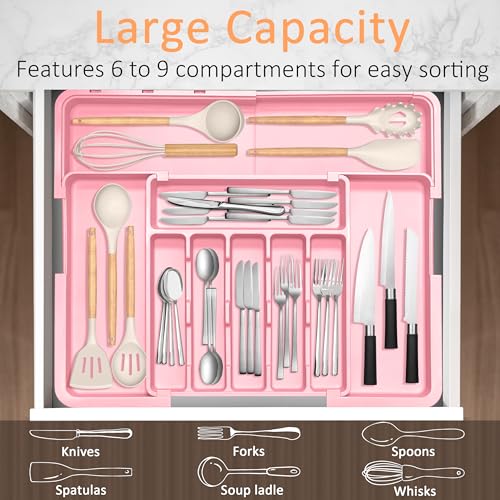 Spaclear Silverware Organizer Expandable Kitchen Utensil Drawer Organizer Large BPA Free Adjustable Cutlery Silverware Tray for Spoons Forks Knives Storage Divider for Kitchen Flatware 6-9 Slots Pink - color: Pink