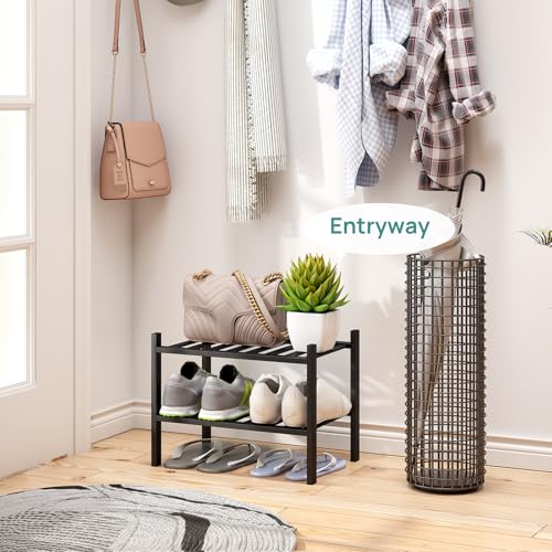 viewcare Black Small Shoe Rack for Entryway,2-Tier Bamboo Shoe Organizer for Hallway Closet, Free Standing Shoe Racks for Indoor Outdoor - color: Black, size: 2-Tier_Samll