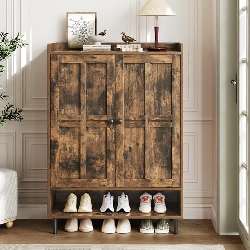 ComfyCorner Brown 7+1 Tier Farmhouse Shoe Storage Cabinet - 45" Tall Entryway Organizer with Cross Molding Doors, 3 Adjustable Shelves & Metal Legs, Shoe Rack for Front Door Entrance - color: Brown