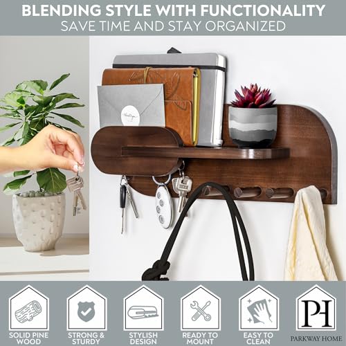 Solid Wood Mail and Key Holder for Wall Decorative Display - Includes Mail Holder, Shelf with Hooks for Keys & Pegs for Hanging Hats, Coats, Bags, Backpacks & More - Sleek Modern Design, Walnut Brown - color: A-Brown