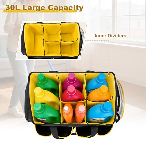 PGmoon Extra-Large Cleaning Caddy Organizer with Handle, Cleaning Supplies Tote Bag Built-in Support Boards, Cleaning Tool Organizer for Cleaners, Housekeepers, Kitchen Cleaning Supplies