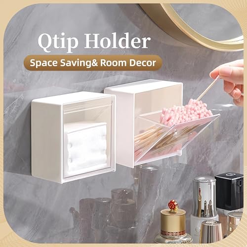 Qtip Holder Wall Mount for Cotton Swabs, Balls, Pads, Hair Ties,Floss Picks- Small Plastic Bathroom Wall Organizers and Storage Set,Bedside Shelf,Home Decor,Dorm Room Essentials (2) - color: white-2 Pack
