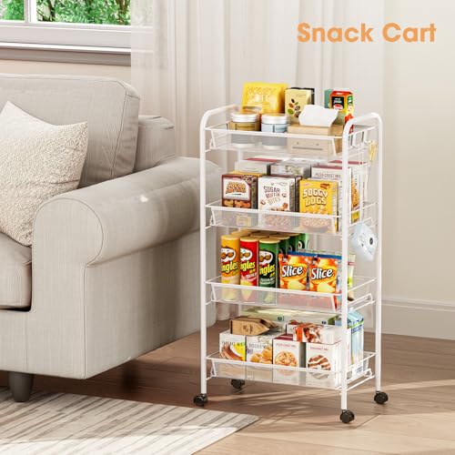 TOOLF 4-Tier Rolling Cart, Metal Utility Cart with 3 Hooks, Easy Assemble Mobile Storage Trolley On Wheels, Metal Shelving Units Kitchen Bathroom Laundry Room - color: White, size: 4-Tier