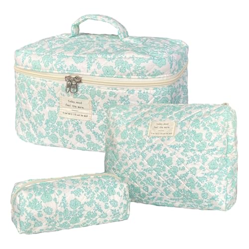 Green Large Quilted Floral Makeup Bag Set of 3 Cute Coquette Aesthetic Cosmetic Bag Set Travel Toiletry Bag for Women - color: B-3Pcs Green