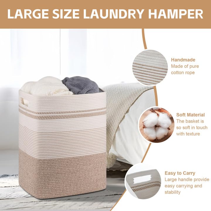 80L Large Cotton Rope Laundry Basket for Bedroom & Laundry Room, Tall Clothes Hamper with Sturdy Handles, Neutral Storage Bin Capable of Holding Blankets and Toys - color: Brown Variegated, size: 80L