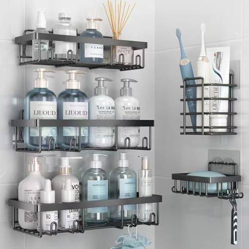 Liuoud 5 Pack Shower Caddy Organizer Rack Shelf for Inside Shower, Self Adhesive Bathroom Wall Storage Basket Rustproof Stainless Steel Large Capacity Shampoo Holder, Dark Grey - color: Dark Grey