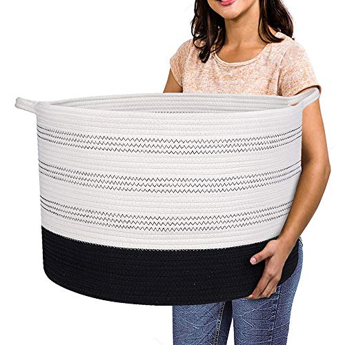 R RUNKA XXXLarge Cotton Rope Basket 22" X 22"X 14" Blanket Basket for Living Room Woven Basket Soft Baby Laundry Blanket Basket Nursery Bin Toy Basket with Handle White+Black - color: White+Black