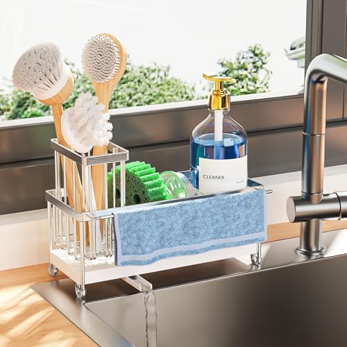 Cisily Sponge Holder for Kitchen Sink, Sink Caddy Organizer with High Brush Holder, Kitchen Countertop Organizers and Storage Essentials, Rustproof 304 Stainless Steel (Silver with Towel Rack, 9.25″) - color: Silver With Towel Rack