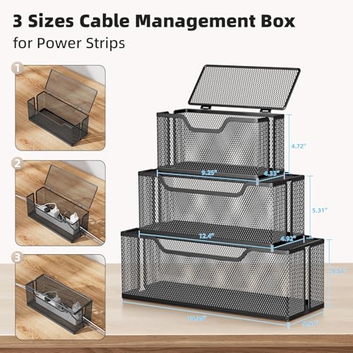 Marbrasse 3 Pack Cable Management Box, Metal Mesh Cord Organizer Box for TV Wires, Electrical Hiding, Power Strip – Under Desk Cable Storage Box with Cable Clips&Reusable Cable Ties for Home/Office - color: Black