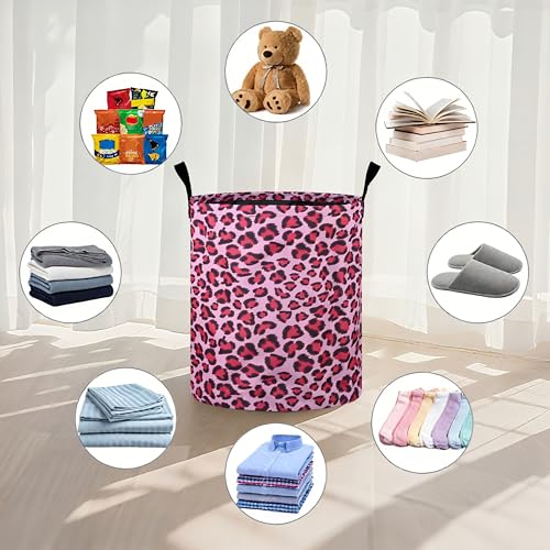 Pink Leopard Laundry Basket Foldable Oxford Cloth Tote Bag Laundry Hamper Clothes Storage Bucket Organizer For Bathroom/Laundry Storage/Bedroom 19.6x15.7 Inch - color: Pink Leopard