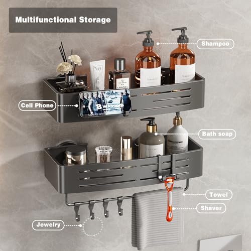 Voldra Shower Caddy Suction Cup, 3 Pack Shower Shelves for Inside Shower No Drilling, Aluminum Suction Showers Organizer with Towel Bar & Hooks Removable Bathroom Shelf Storage Rack(Gray) - style: Suction Cup Rectangle-3 Pack